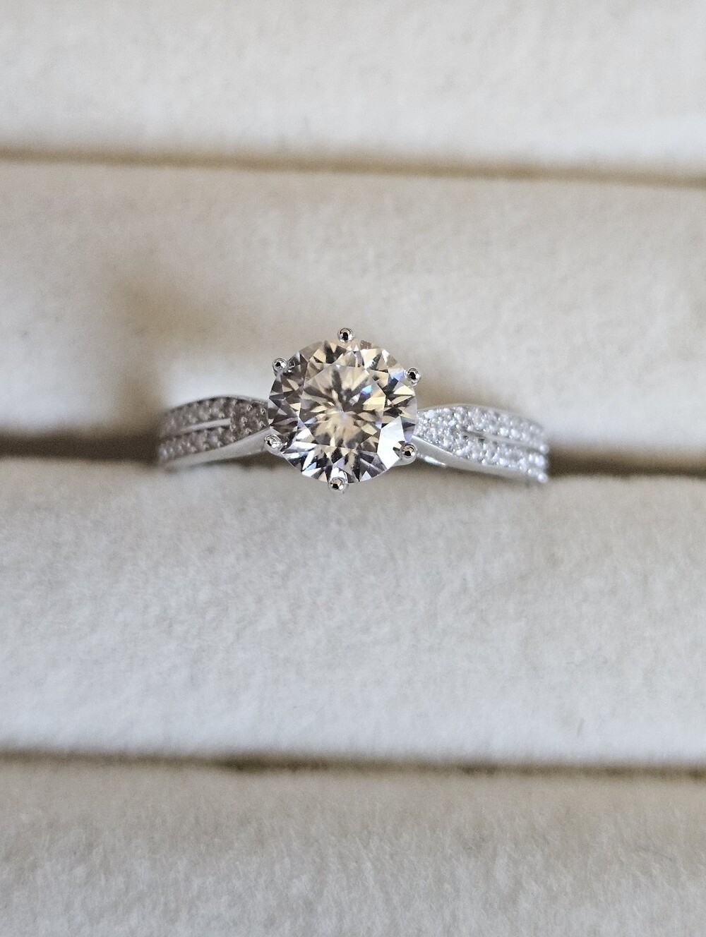 Moissanite Solitaire Silver Ring With CZ Pavé Accents On Band